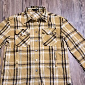 ON BLUE Plaid Flannel Shirt Shacket Jacket Warm Mustard Yellow Black White Med